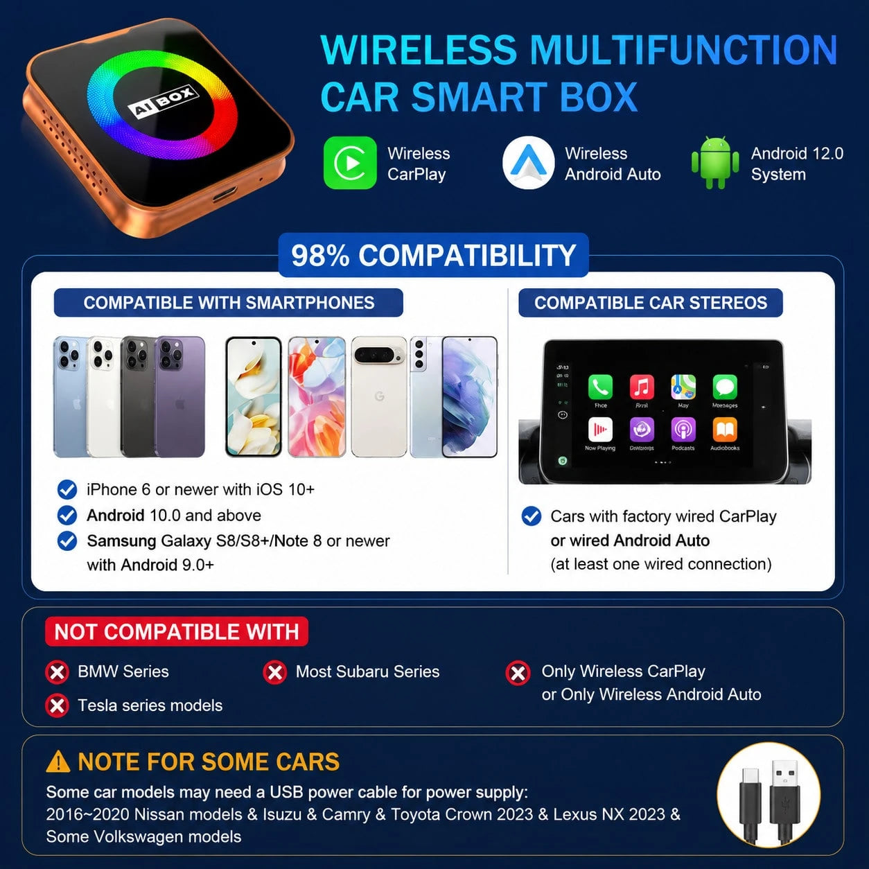 Wireless Car Multimedia Adapter With RGB Ambient Light Ring, Smart AI Vehicle Entertainment Box, Built-In Android System, USB Plug And Play Device, Compatible With Factory Wired Car Multimedia Systems