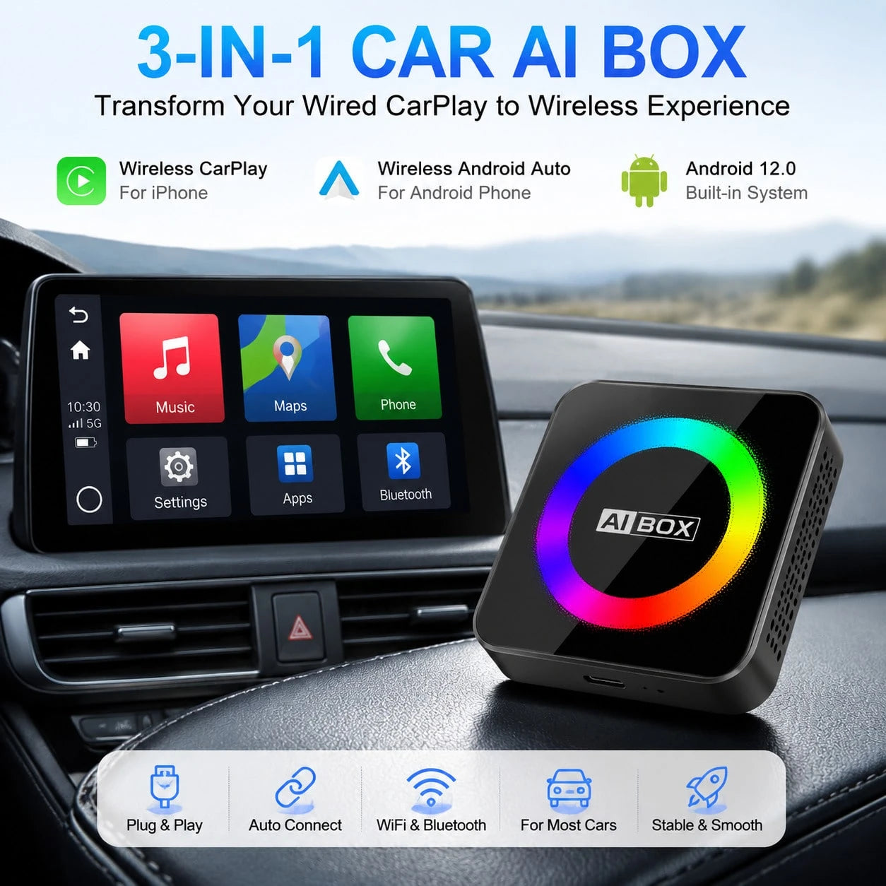 Wireless Car Multimedia Adapter With RGB Ambient Light Ring, Smart AI Vehicle Entertainment Box, Built-In Android System, USB Plug And Play Device, Compatible With Factory Wired Car Multimedia Systems