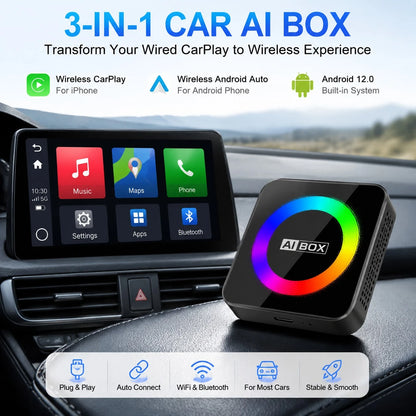 Wireless Car Multimedia Adapter With RGB Ambient Light Ring, Smart AI Vehicle Entertainment Box, Built-In Android System, USB Plug And Play Device, Compatible With Factory Wired Car Multimedia Systems
