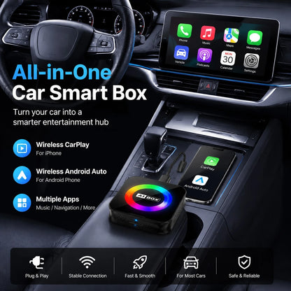 Wireless Car Multimedia Adapter With RGB Ambient Light Ring, Smart AI Vehicle Entertainment Box, Built-In Android System, USB Plug And Play Device, Compatible With Factory Wired Car Multimedia Systems