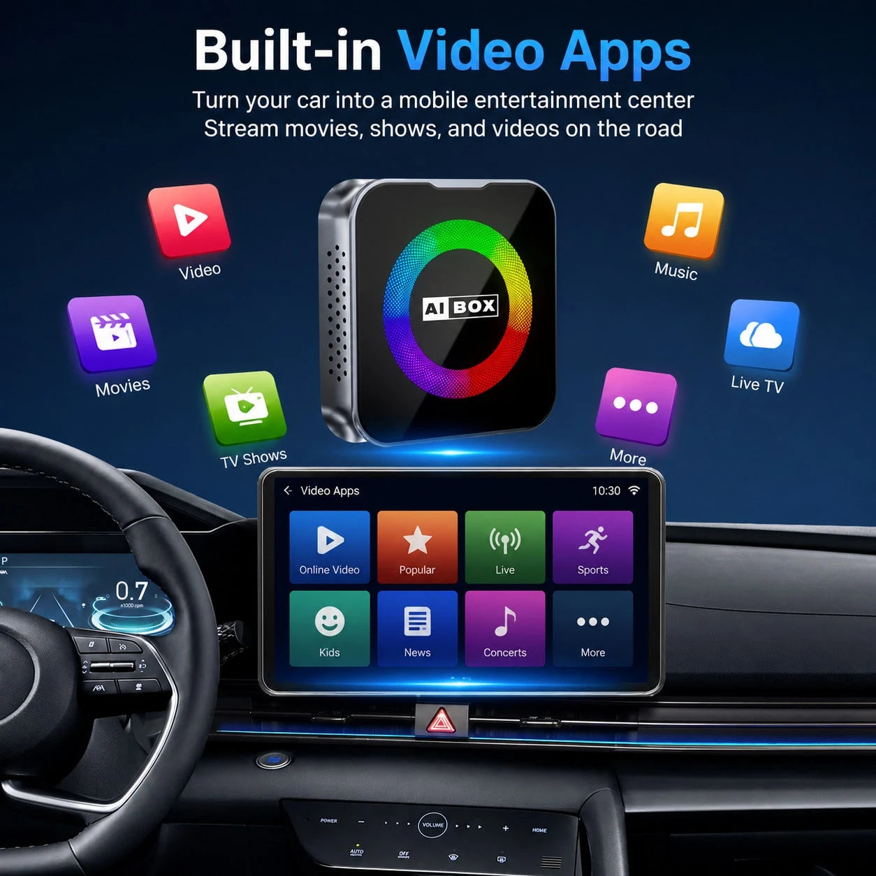 Wireless Car Multimedia Adapter With RGB Ambient Light Ring, Smart AI Vehicle Entertainment Box, Built-In Android System, USB Plug And Play Device, Compatible With Factory Wired Car Multimedia Systems
