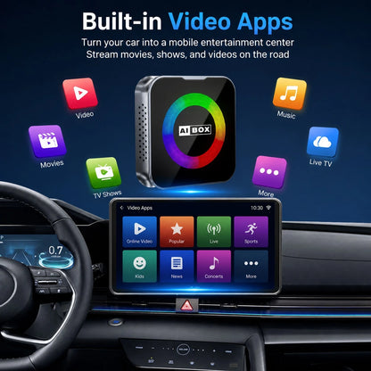 Wireless Car Multimedia Adapter With RGB Ambient Light Ring, Smart AI Vehicle Entertainment Box, Built-In Android System, USB Plug And Play Device, Compatible With Factory Wired Car Multimedia Systems