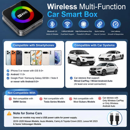 Wireless Car Multimedia Adapter With RGB Ambient Light Ring, Smart AI Vehicle Entertainment Box, Built-In Android System, USB Plug And Play Device, Compatible With Factory Wired Car Multimedia Systems