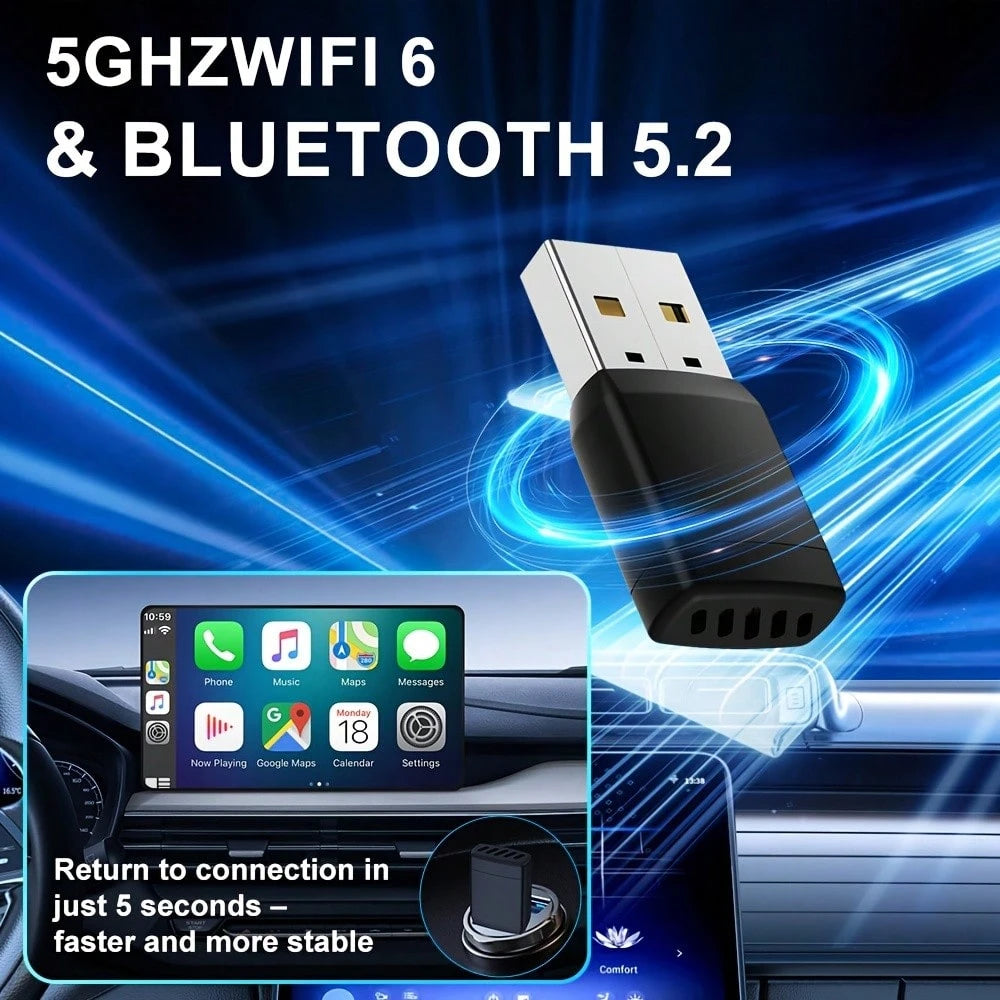 Wireless CarPlay & Android Auto Adapter – 5GHz Wi-Fi 6 & Bluetooth 5.2 Dongle, Plug & Play, Auto Connection In Under 5 Seconds, Compact Design, No Messy Cables, For Factory Wired CarPlay Vehicles