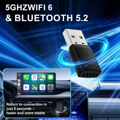 Wireless CarPlay & Android Auto Adapter – 5GHz Wi-Fi 6 & Bluetooth 5.2 Dongle, Plug & Play, Auto Connection In Under 5 Seconds, Compact Design, No Messy Cables, For Factory Wired CarPlay Vehicles