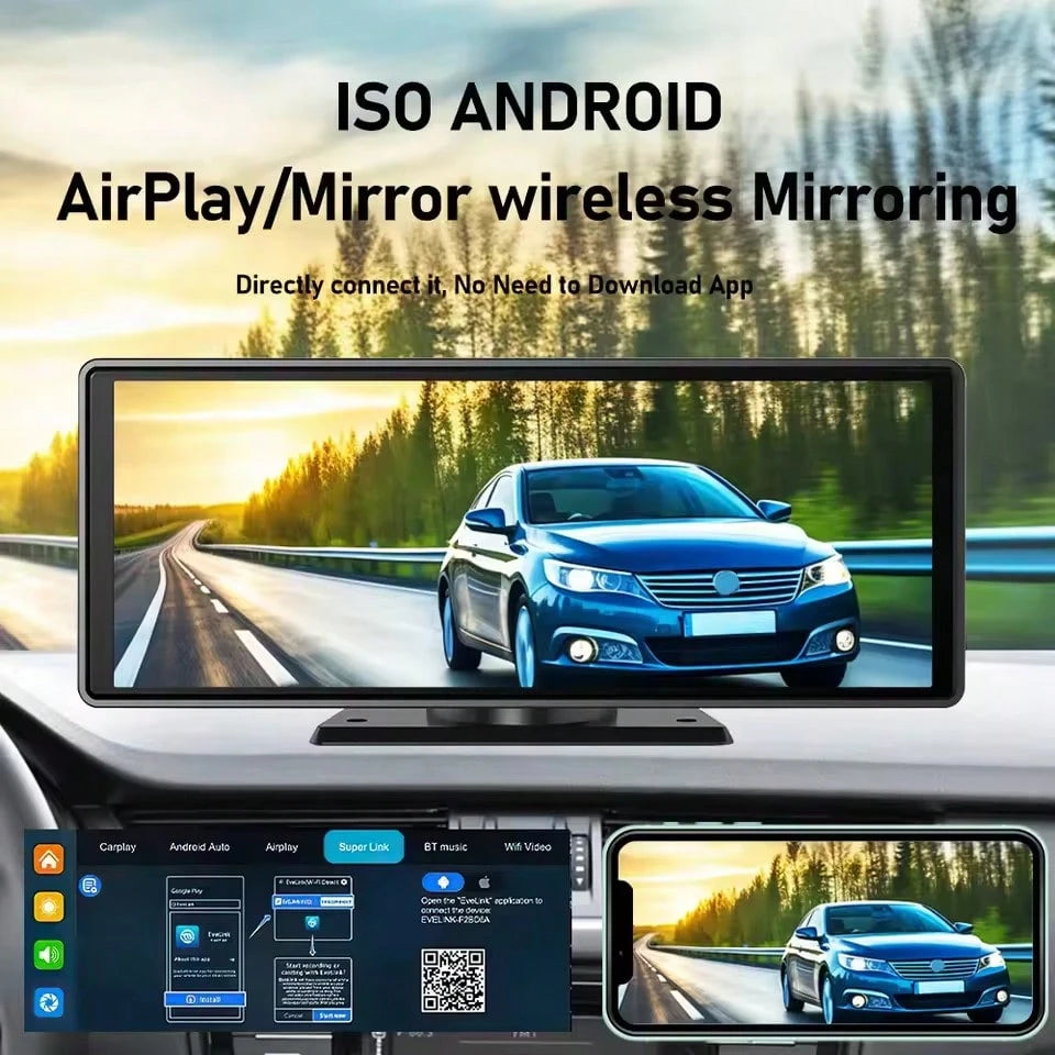 Wireless Carplay & Android Auto With Dash Cam- 9.3" HD IPS Touch Car Play Screen For Car, 4K Front & 1080P Rear Camera, Loop Recording, Bluetooth Audio, Mirror Link, GPS