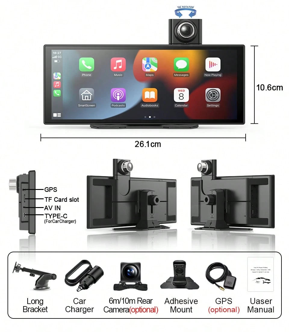 Wireless Carplay & Android Auto With Dash Cam- 9.3" HD IPS Touch Car Play Screen For Car, 4K Front & 1080P Rear Camera, Loop Recording, Bluetooth Audio, Mirror Link, GPS