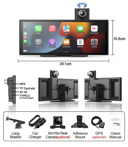 Wireless Carplay & Android Auto With Dash Cam- 9.3" HD IPS Touch Car Play Screen For Car, 4K Front & 1080P Rear Camera, Loop Recording, Bluetooth Audio, Mirror Link, GPS