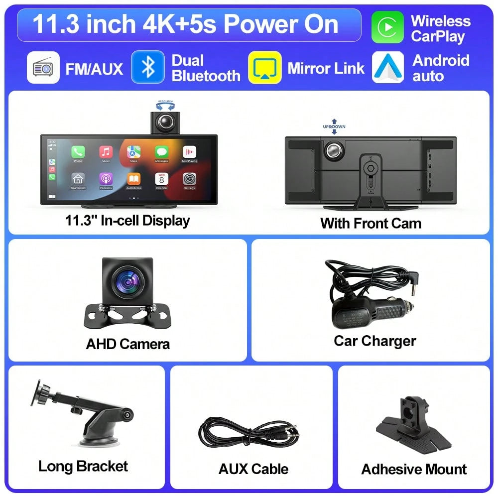 Wireless Carplay & Android Auto With Dash Cam- 9.3" HD IPS Touch Car Play Screen For Car, 4K Front & 1080P Rear Camera, Loop Recording, Bluetooth Audio, Mirror Link, GPS