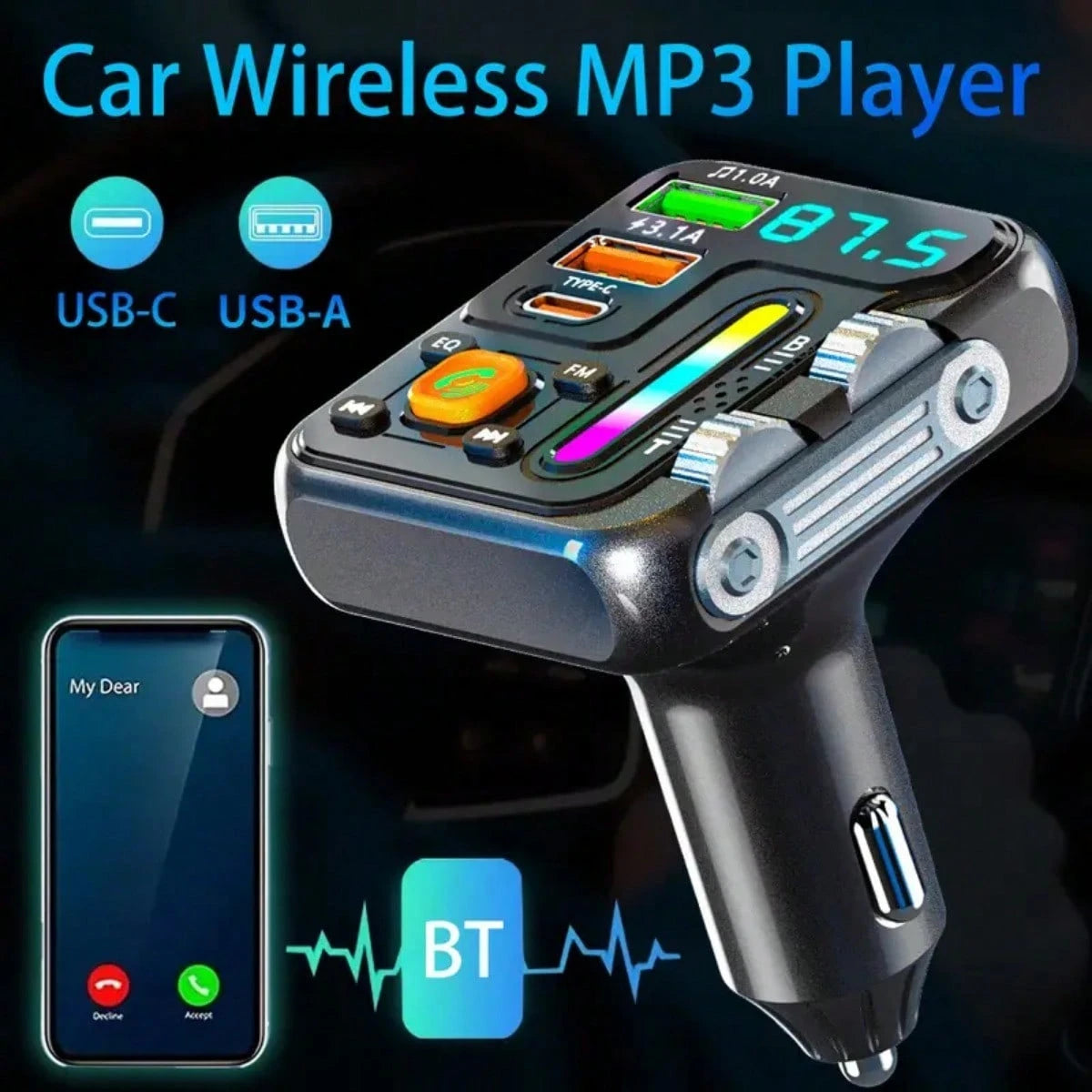 Wireless FM Transmitter Car Adapter- Type C Fast Charge & USB Port, HiFi Treble & Bass Player, Color Screen & Music Light Bar, Large Knob+Double Roller Design, Supports USB Drive Reading, Without Bat