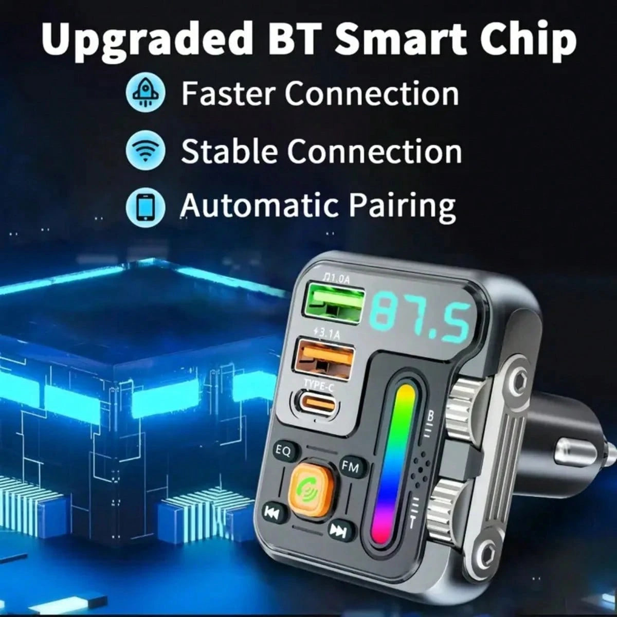 Wireless FM Transmitter Car Adapter- Type C Fast Charge & USB Port, HiFi Treble & Bass Player, Color Screen & Music Light Bar, Large Knob+Double Roller Design, Supports USB Drive Reading, Without Bat