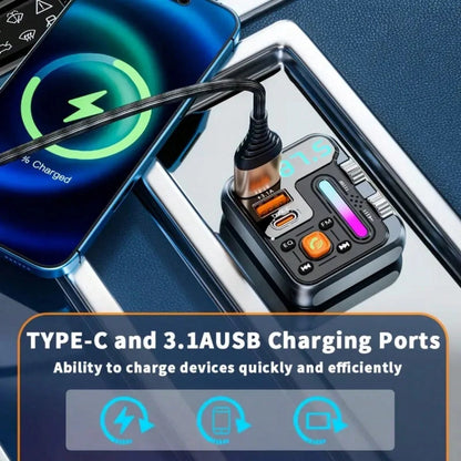 Wireless FM Transmitter Car Adapter- Type C Fast Charge & USB Port, HiFi Treble & Bass Player, Color Screen & Music Light Bar, Large Knob+Double Roller Design, Supports USB Drive Reading, Without Bat