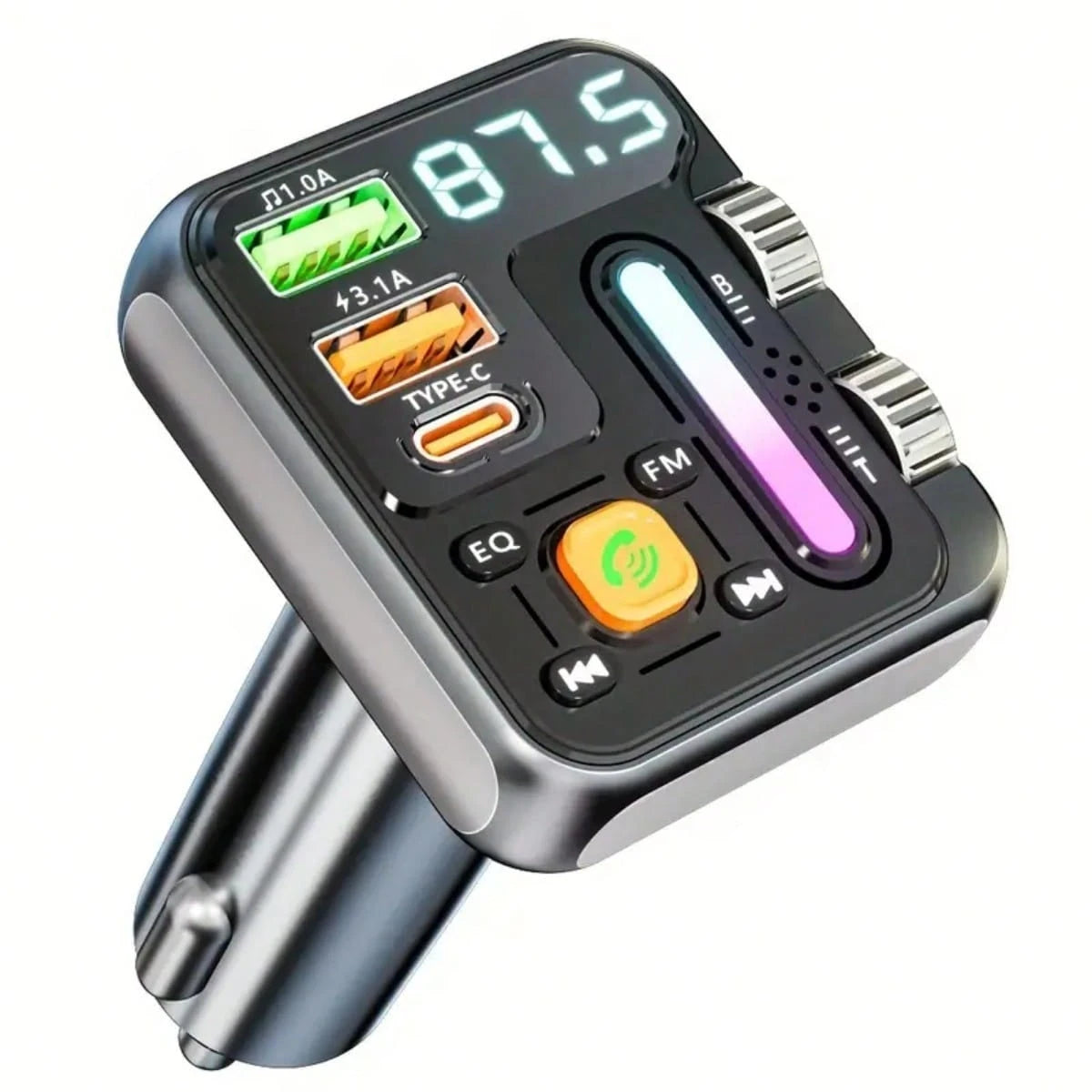 Wireless FM Transmitter Car Adapter- Type C Fast Charge & USB Port, HiFi Treble & Bass Player, Color Screen & Music Light Bar, Large Knob+Double Roller Design, Supports USB Drive Reading, Without Bat