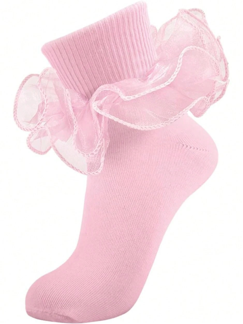 Women Big Ruffle Ankle Socks Adult Double Lace Frilly Socks Fold Cuff Cotton Ruffled Dress Crew Bride Sock