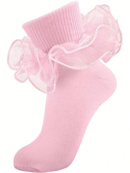 Women Big Ruffle Ankle Socks Adult Double Lace Frilly Socks Fold Cuff Cotton Ruffled Dress Crew Bride Sock