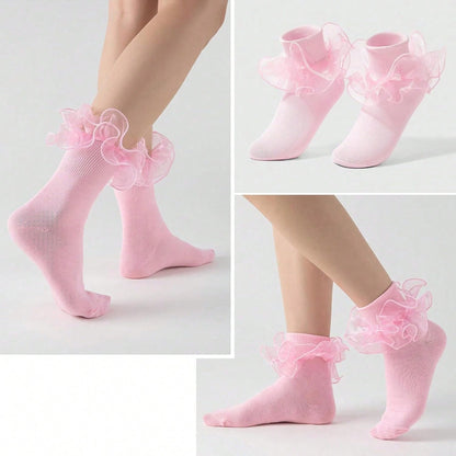 Women Big Ruffle Ankle Socks Adult Double Lace Frilly Socks Fold Cuff Cotton Ruffled Dress Crew Bride Sock