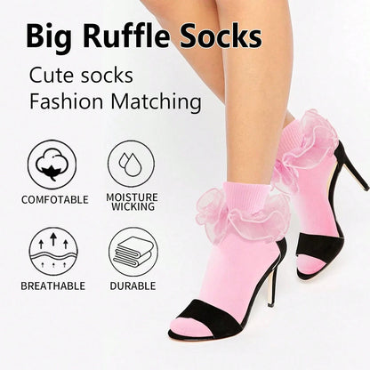 Women Big Ruffle Ankle Socks Adult Double Lace Frilly Socks Fold Cuff Cotton Ruffled Dress Crew Bride Sock