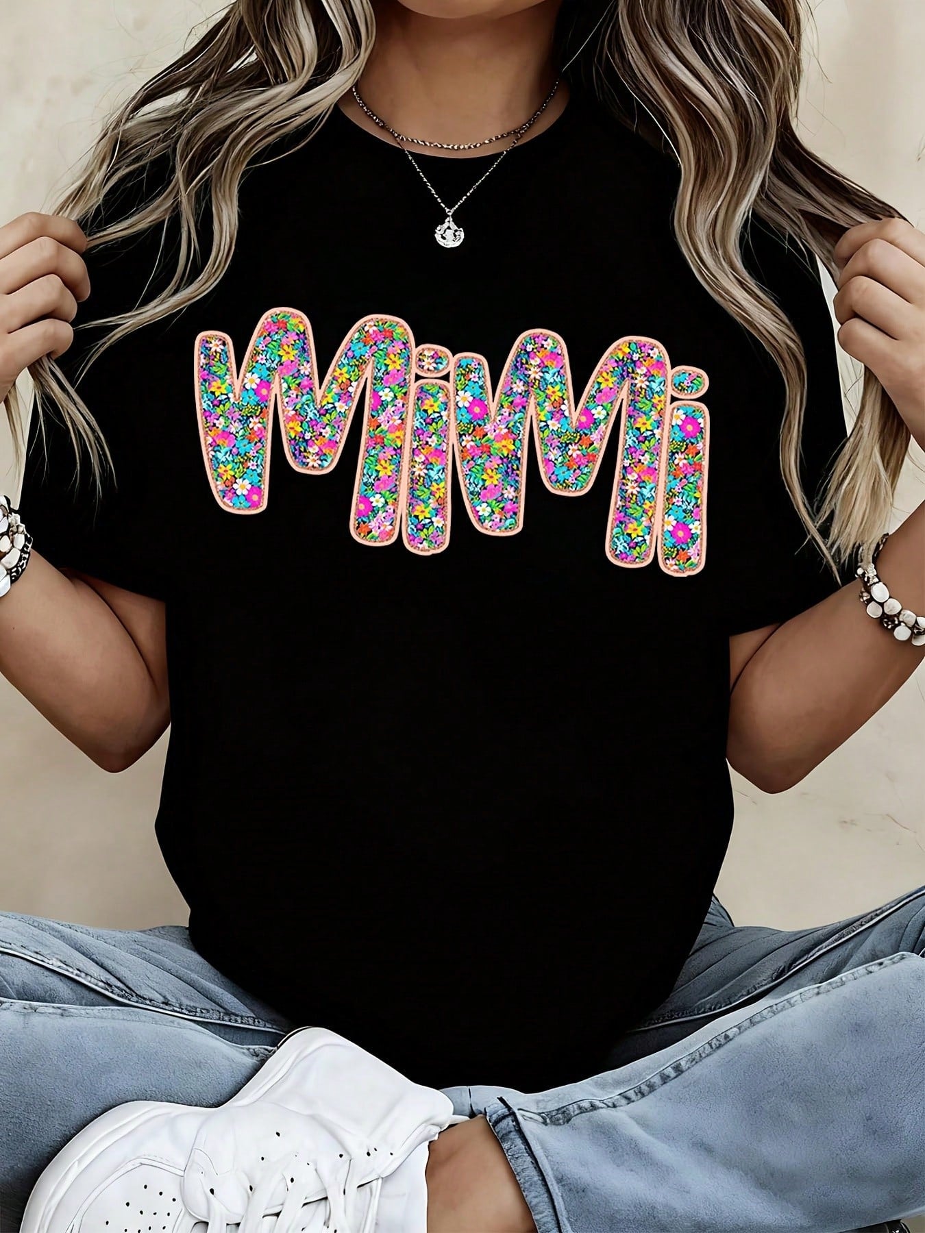 Women Fashion T Shirt Black Mimi Floral Print Graphic Tee Casual Streetwear Top For Daily Wear And Outings
