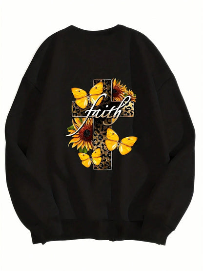 Women Hoodie Faith Cross Sunflower Butterfly Print Long Sleeve Sweatshirt Fashion Design Casual Wear Comfortable Soft Cotton Blend Fabric With Style Everyday Outfit Perfect Gift