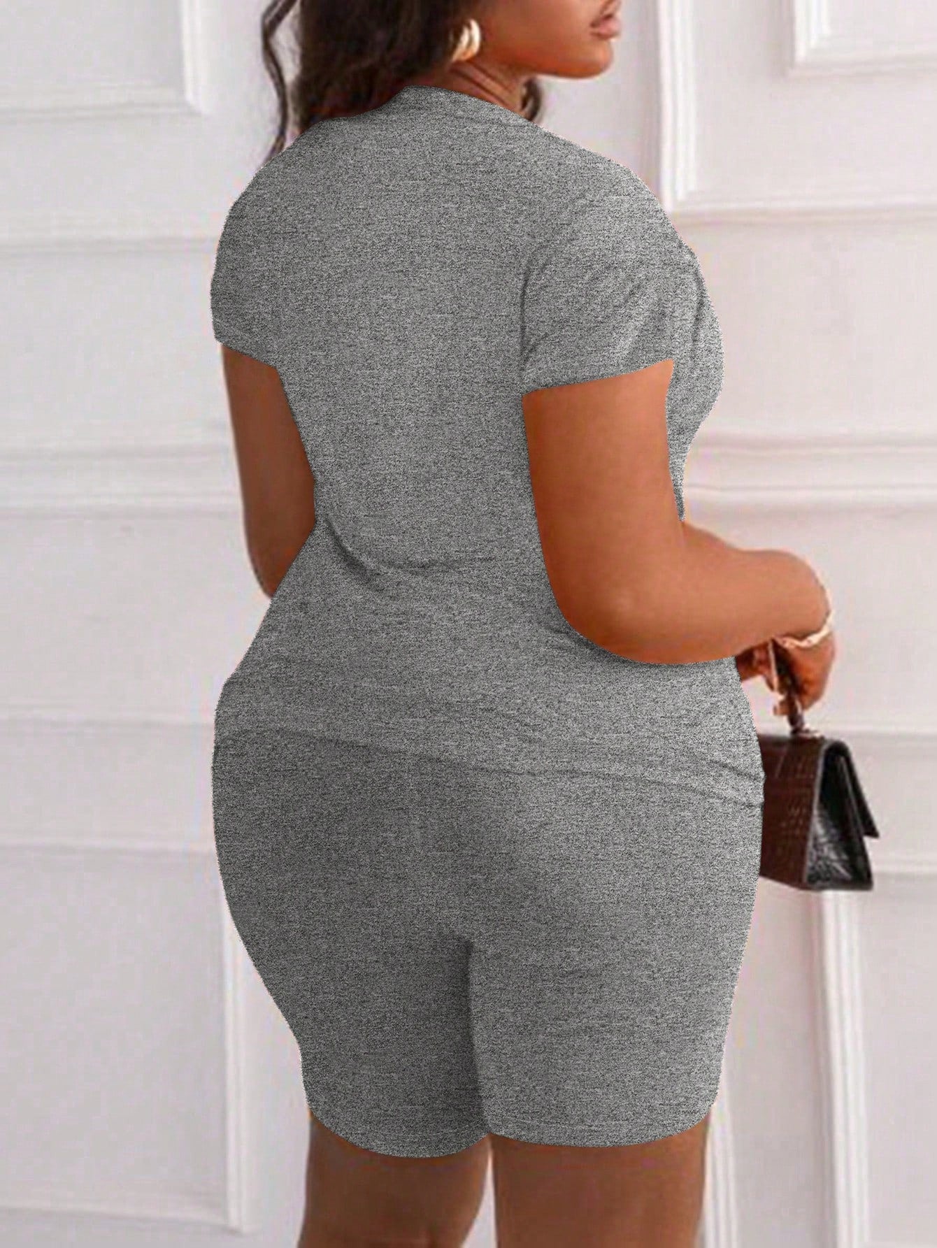 Women Round Neck Hollow Out Casual Short Sleeve Top And Biker Shorts Set