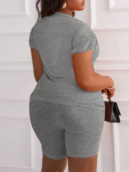 Women Round Neck Hollow Out Casual Short Sleeve Top And Biker Shorts Set