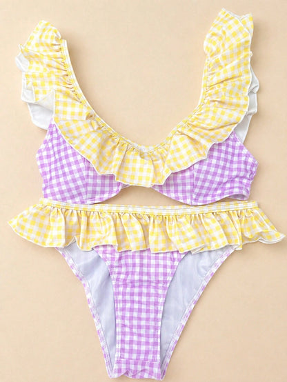 Women's 2 Piece Bikini Set Fashion Pleated Design Floral Striped Print Bra And Low Elastic Waist Briefs Bathing Suit Lightweight,Quick-Drying