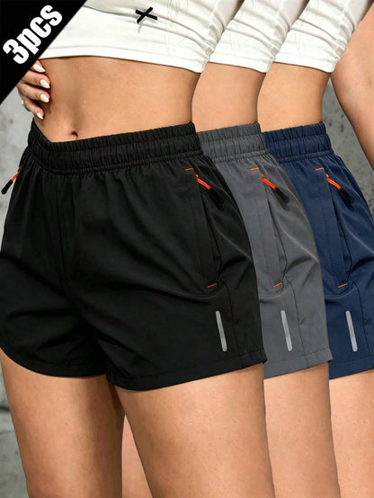 Women's 3-Piece Casual Shorts Set, Drawstring Elastic Waistband Sports, Athleisure Summer