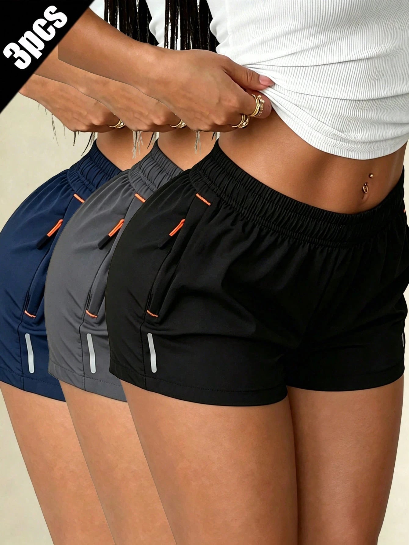 Women's 3-Piece Casual Shorts Set, Drawstring Elastic Waistband Sports, Athleisure Summer