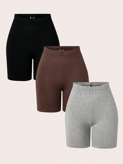 Women's 3 Pieces Set Solid Color Elastic Waist Base Shorts