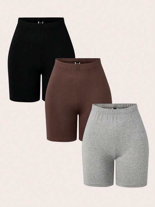 Women's 3 Pieces Set Solid Color Elastic Waist Base Shorts