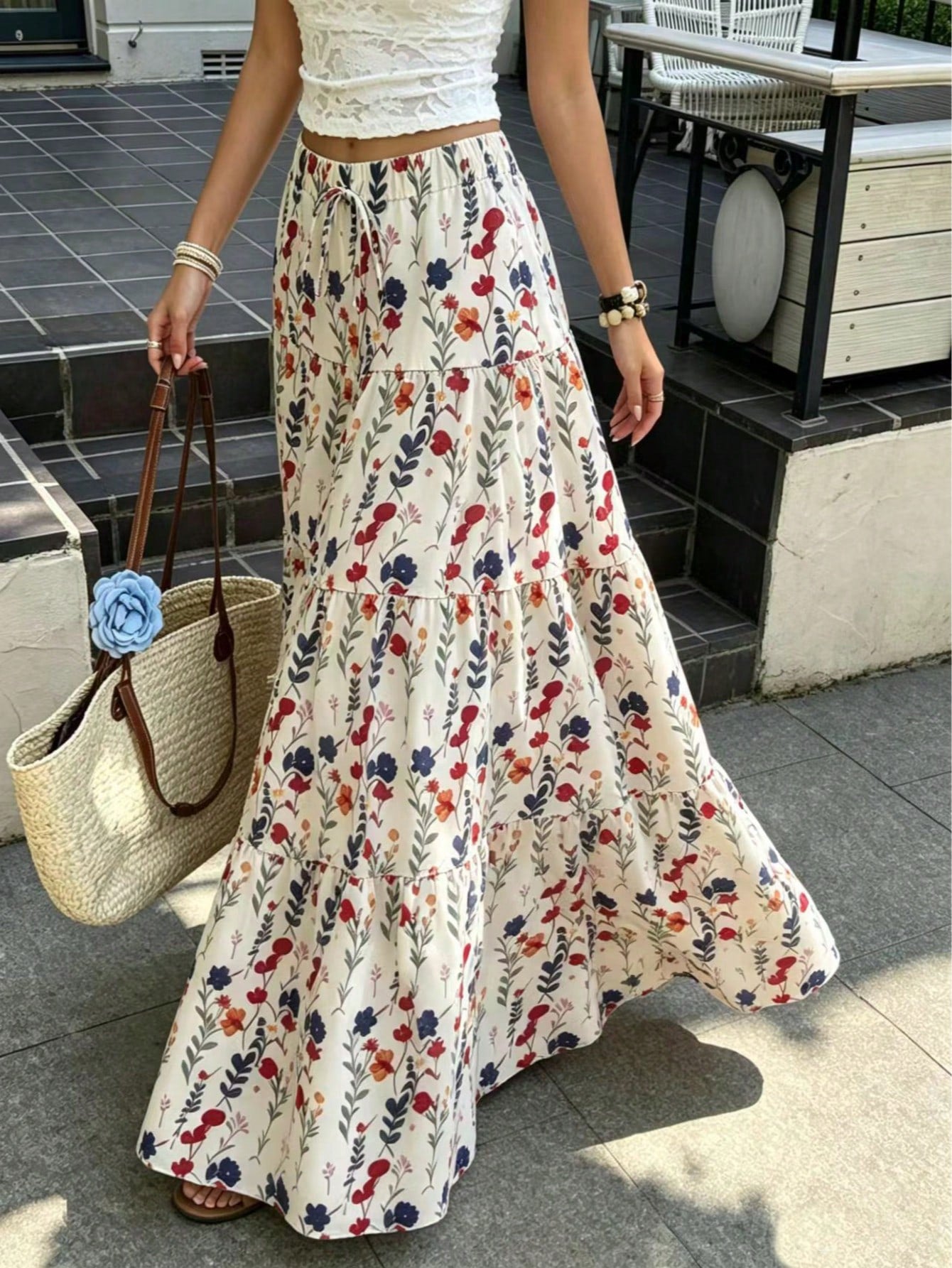 Women's Autumn Vacation Pastoral Floral Maxi Skirt, Commute Daily, Spring Summer Outing, Drawstring Decor