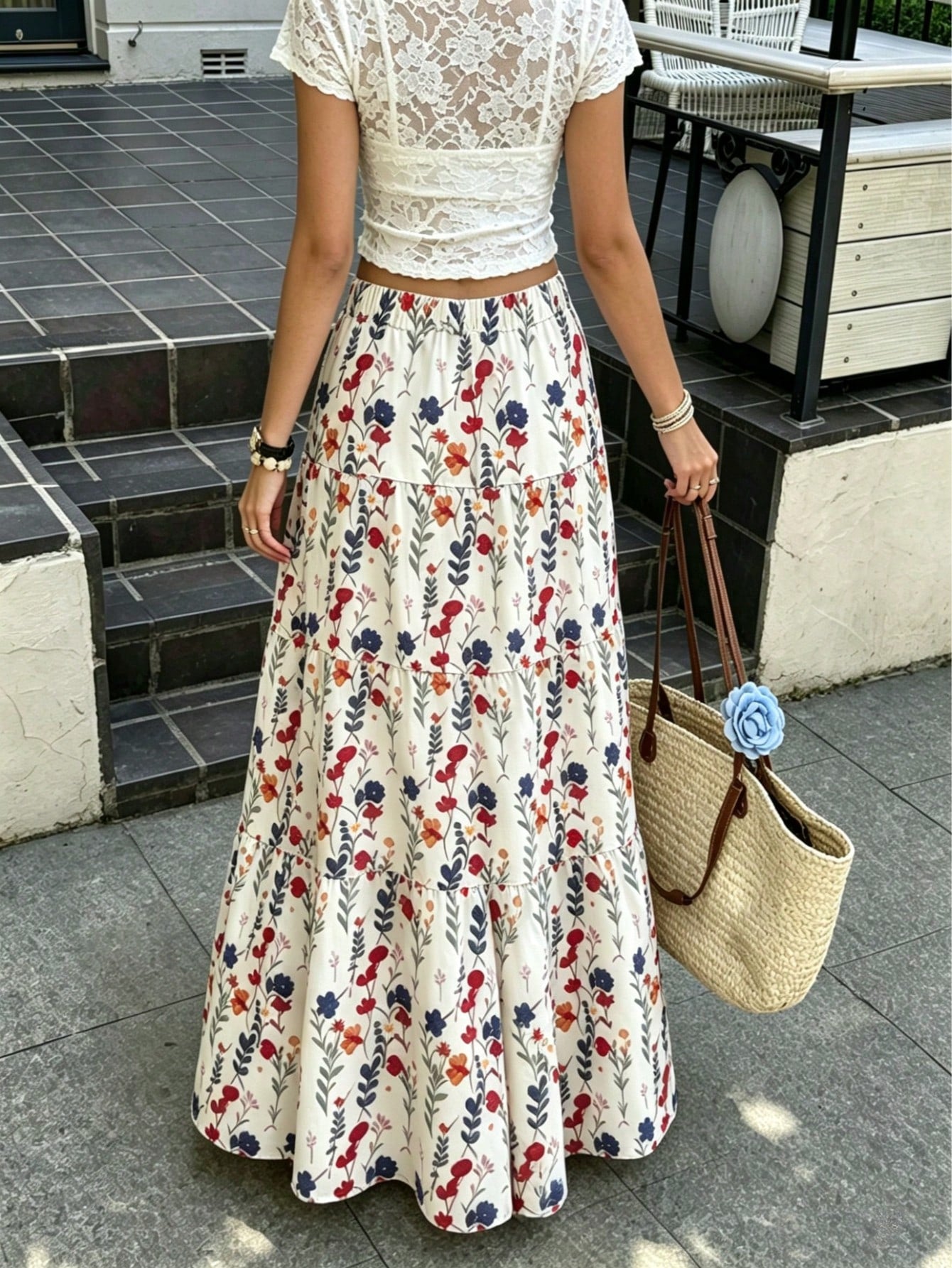 Women's Autumn Vacation Pastoral Floral Maxi Skirt, Commute Daily, Spring Summer Outing, Drawstring Decor