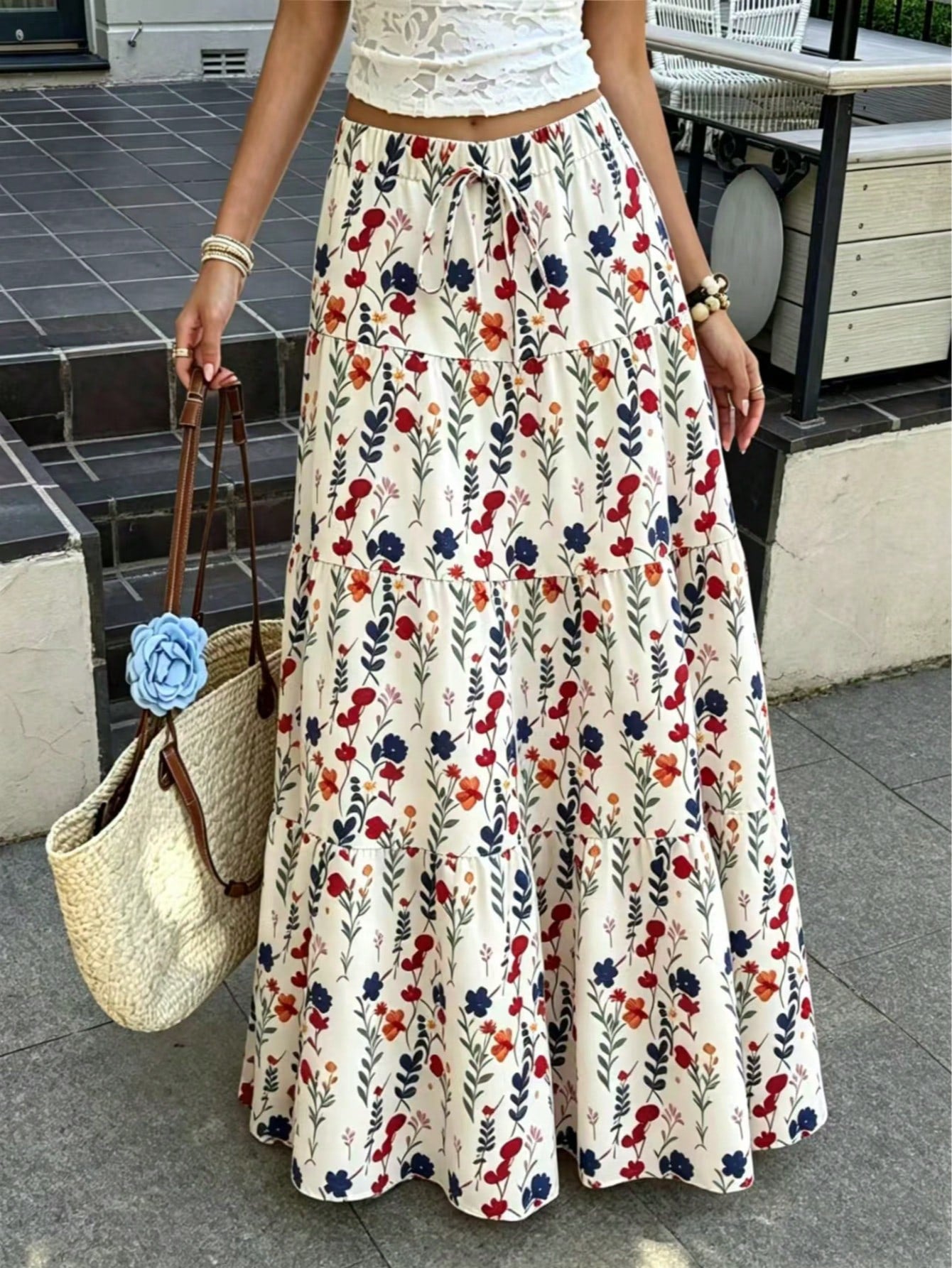 Women's Autumn Vacation Pastoral Floral Maxi Skirt, Commute Daily, Spring Summer Outing, Drawstring Decor