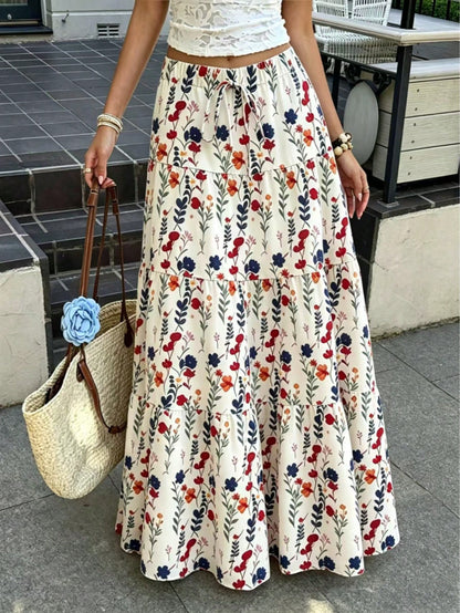 Women's Autumn Vacation Pastoral Floral Maxi Skirt, Commute Daily, Spring Summer Outing, Drawstring Decor