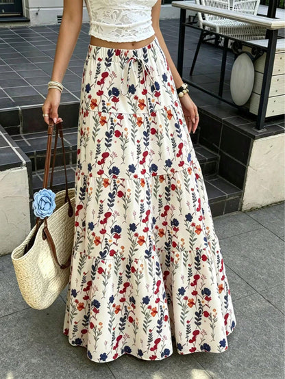 Women's Autumn Vacation Pastoral Floral Maxi Skirt, Commute Daily, Spring Summer Outing, Drawstring Decor