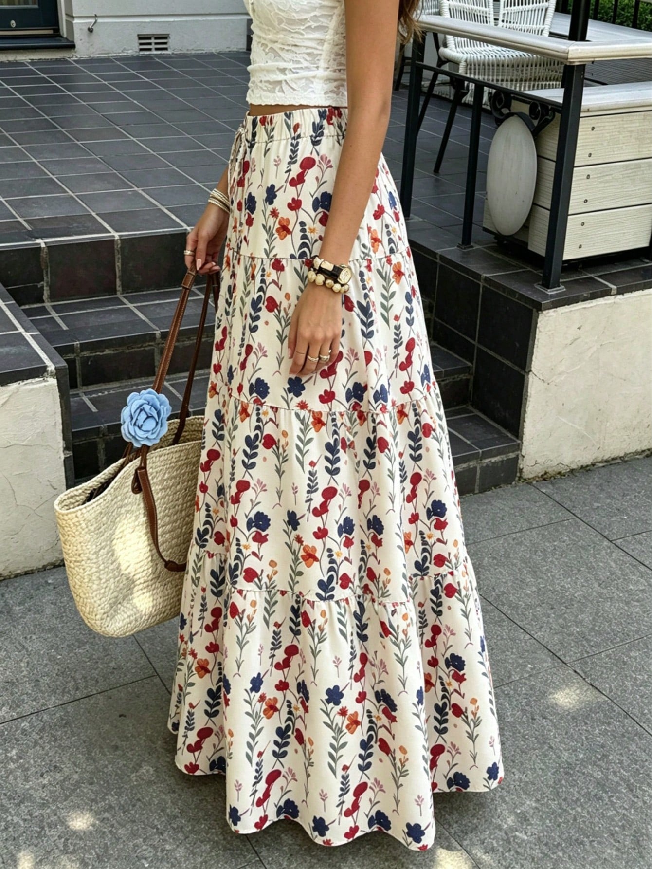 Women's Autumn Vacation Pastoral Floral Maxi Skirt, Commute Daily, Spring Summer Outing, Drawstring Decor