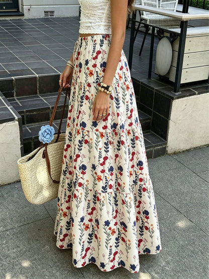 Women's Autumn Vacation Pastoral Floral Maxi Skirt, Commute Daily, Spring Summer Outing, Drawstring Decor