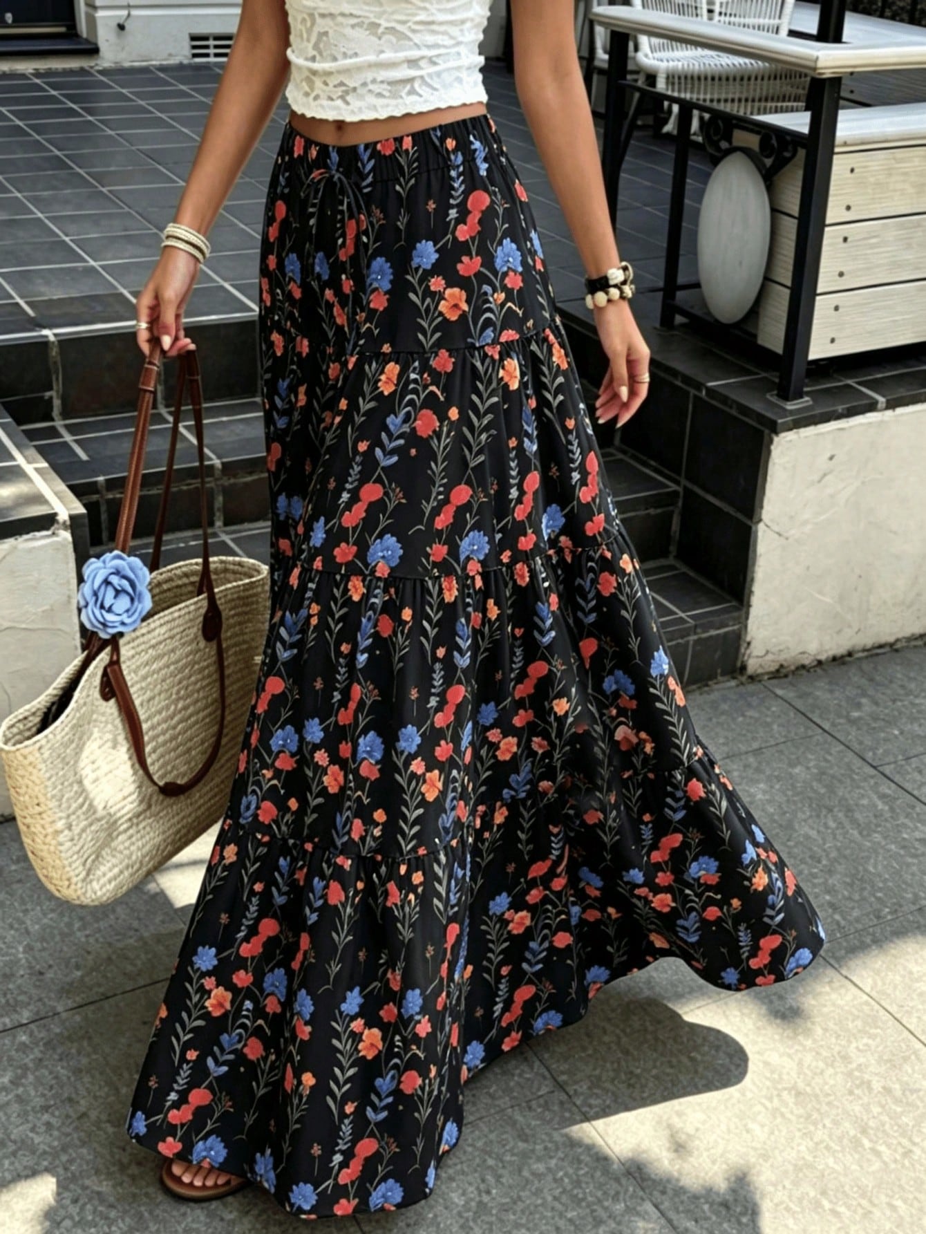 Women's Autumn Vacation Pastoral Floral Maxi Skirt, Commute Daily, Spring Summer Outing, Drawstring Decor