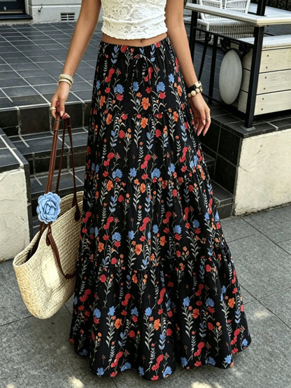 Women's Autumn Vacation Pastoral Floral Maxi Skirt, Commute Daily, Spring Summer Outing, Drawstring Decor