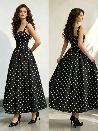 Women's Black Polka Dot Dress, Spring/Summer Casual Dress, Vacation Dress, Elegant Women's Dress, Polka Dot, Leisure Dress, Party Dress, Wedding Guest Dress