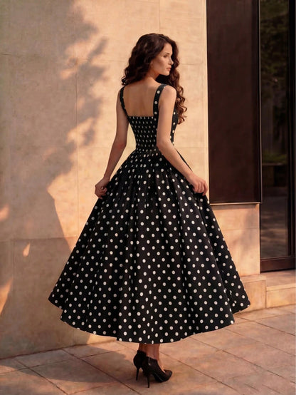 Women's Black Polka Dot Dress, Spring/Summer Casual Dress, Vacation Dress, Elegant Women's Dress, Polka Dot, Leisure Dress, Party Dress, Wedding Guest Dress