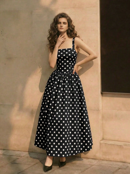 Women's Black Polka Dot Dress, Spring/Summer Casual Dress, Vacation Dress, Elegant Women's Dress, Polka Dot, Leisure Dress, Party Dress, Wedding Guest Dress