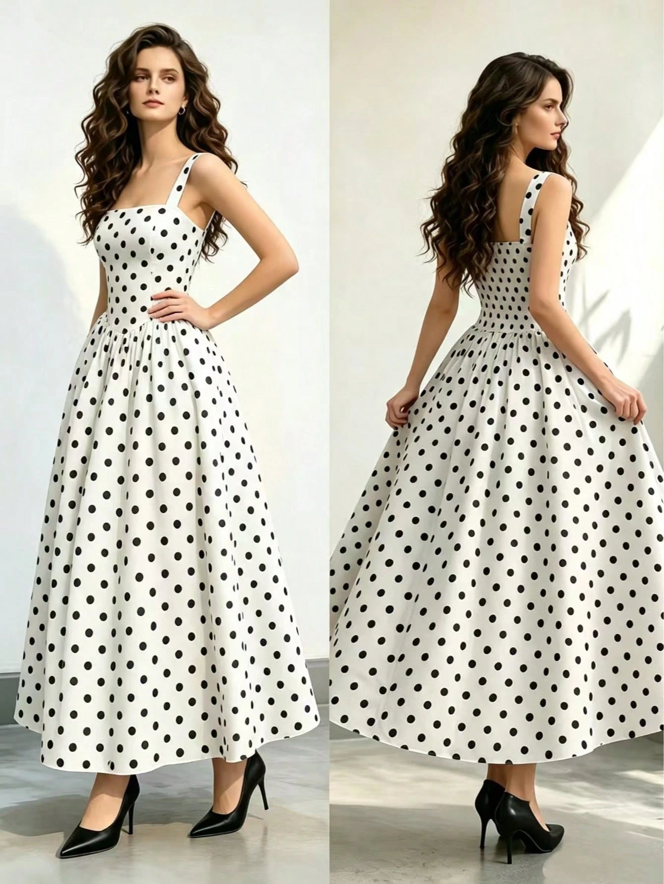 Women's Black Polka Dot Dress, Spring/Summer Casual Dress, Vacation Dress, Elegant Women's Dress, Polka Dot, Leisure Dress, Party Dress, Wedding Guest Dress