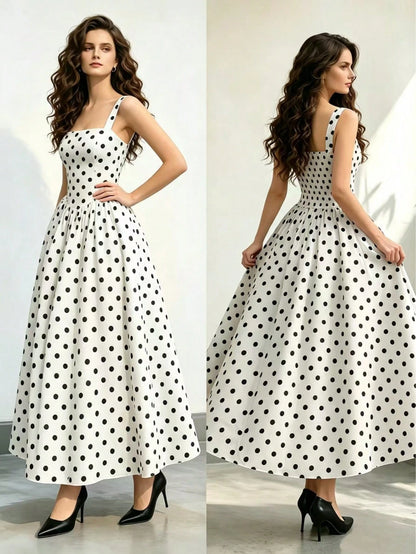Women's Black Polka Dot Dress, Spring/Summer Casual Dress, Vacation Dress, Elegant Women's Dress, Polka Dot, Leisure Dress, Party Dress, Wedding Guest Dress