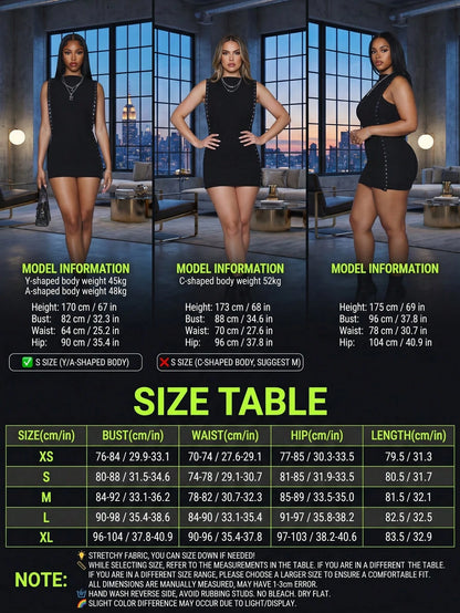 Women's Black Sleeveless Round Neck Bodycon Mini Dress With Metal Ring Decor, Elegant Sexy Party Style Summer