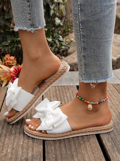 Women's Bow Decor Flat Sandals, Round Toe Slip-On Summer Shoes, Fashionable & Comfortable Ladies Beach Shoes, Lightweight Women Sandals