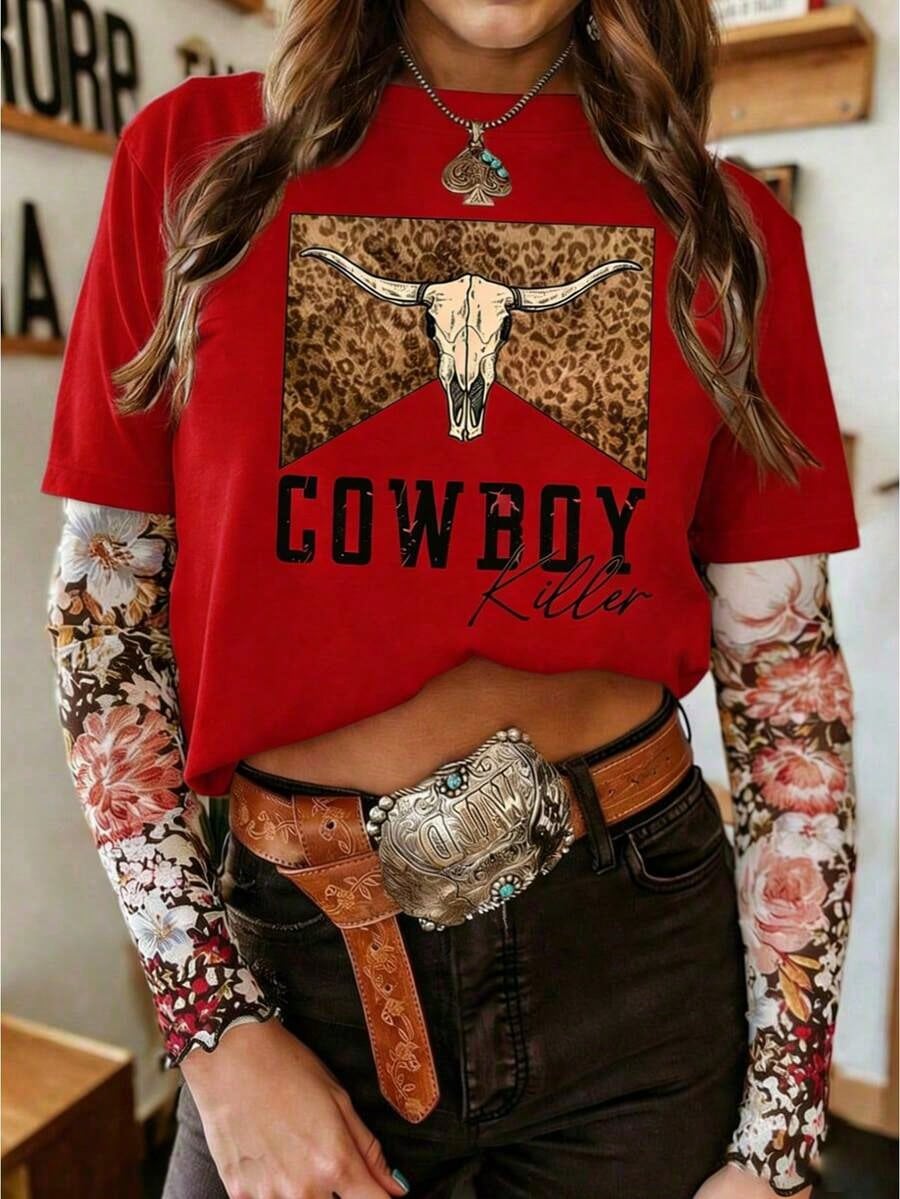 Women's Casual Round Neck Short Sleeve-Shirt With Retro Western/Cowboy Rodeo Print, BOHO Top, Spring Break-ShirtSports Short Sleeves2026 Vibrant Red