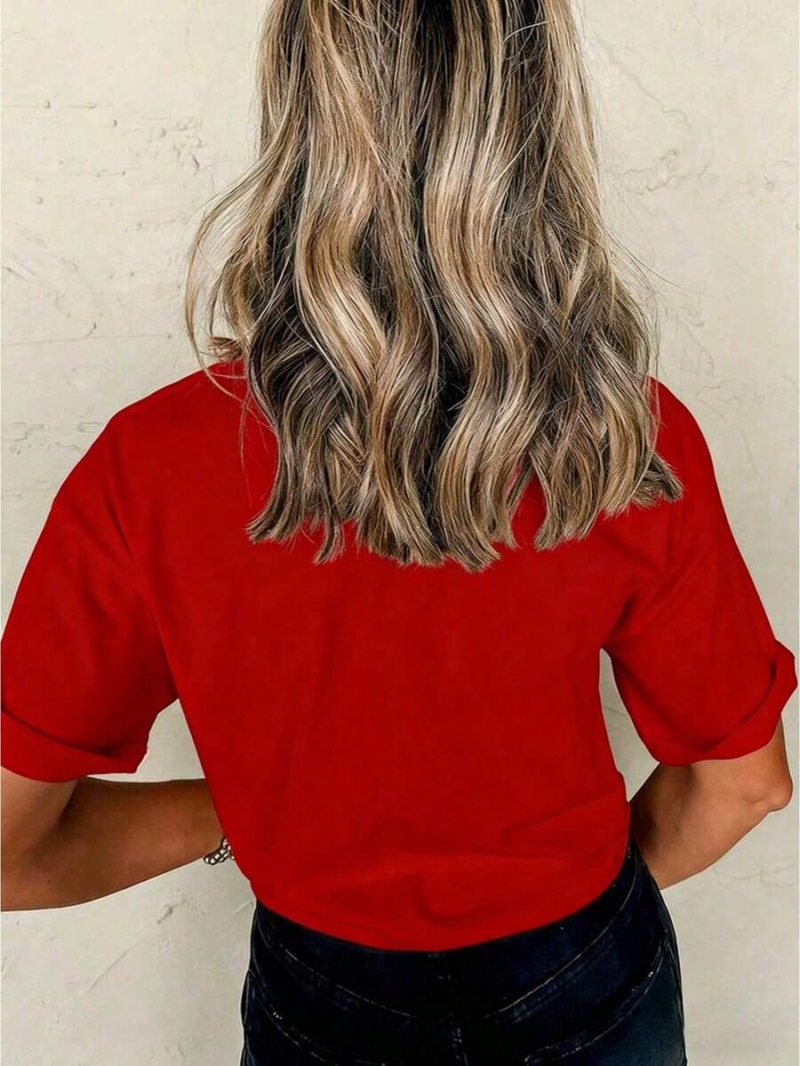 Women's Casual Round Neck Short Sleeve-Shirt With Retro Western/Cowboy Rodeo Print, BOHO Top, Spring Break-ShirtSports Short Sleeves2026 Vibrant Red