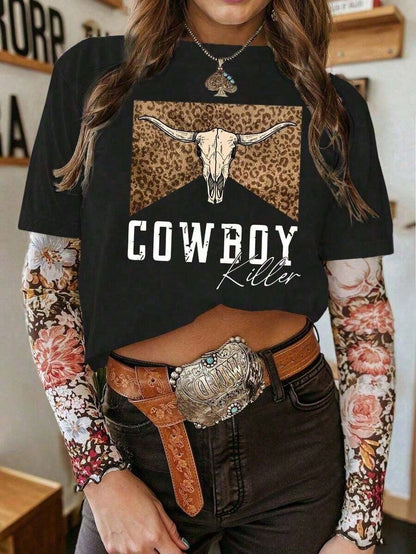 Women's Casual Round Neck Short Sleeve-Shirt With Retro Western/Cowboy Rodeo Print, BOHO Top, Spring Break-ShirtSports Short Sleeves2026 Vibrant Red