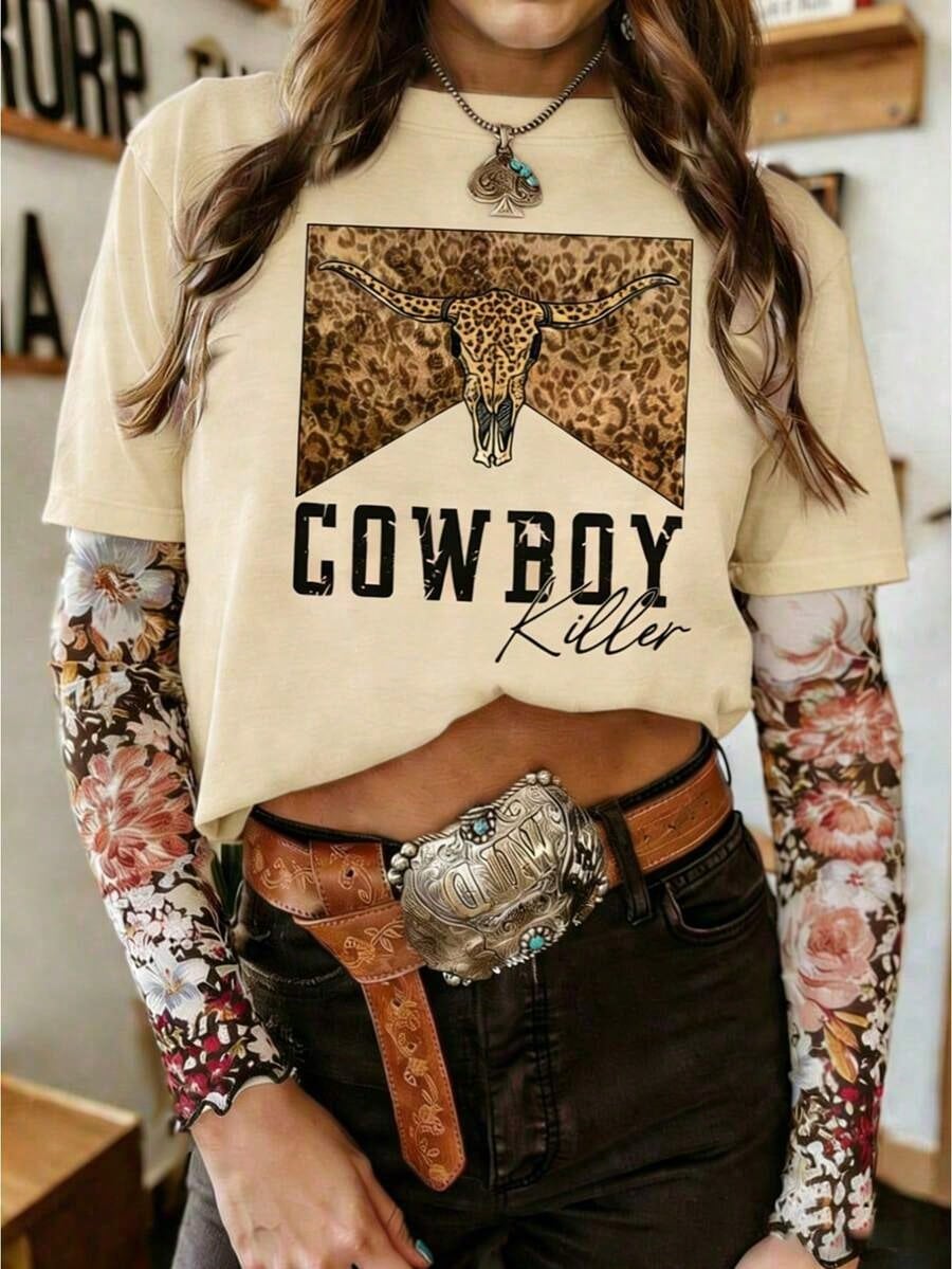 Women's Casual Round Neck Short Sleeve-Shirt With Retro Western/Cowboy Rodeo Print, BOHO Top, Spring Break-ShirtSports Short Sleeves2026 Vibrant Red